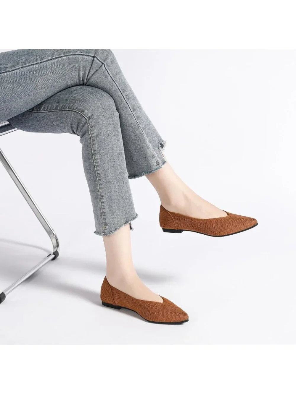 Women's Brown Ballet Flats Pointed Toe Comfortable Knit Slip Casual Shoes